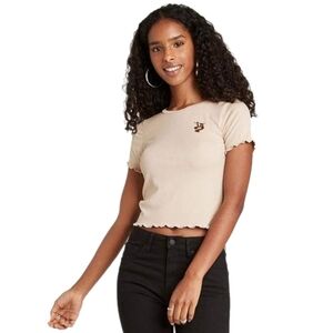 Wild Fable Cream Sloth Embroidered Ribbed Crop Tee M NWT